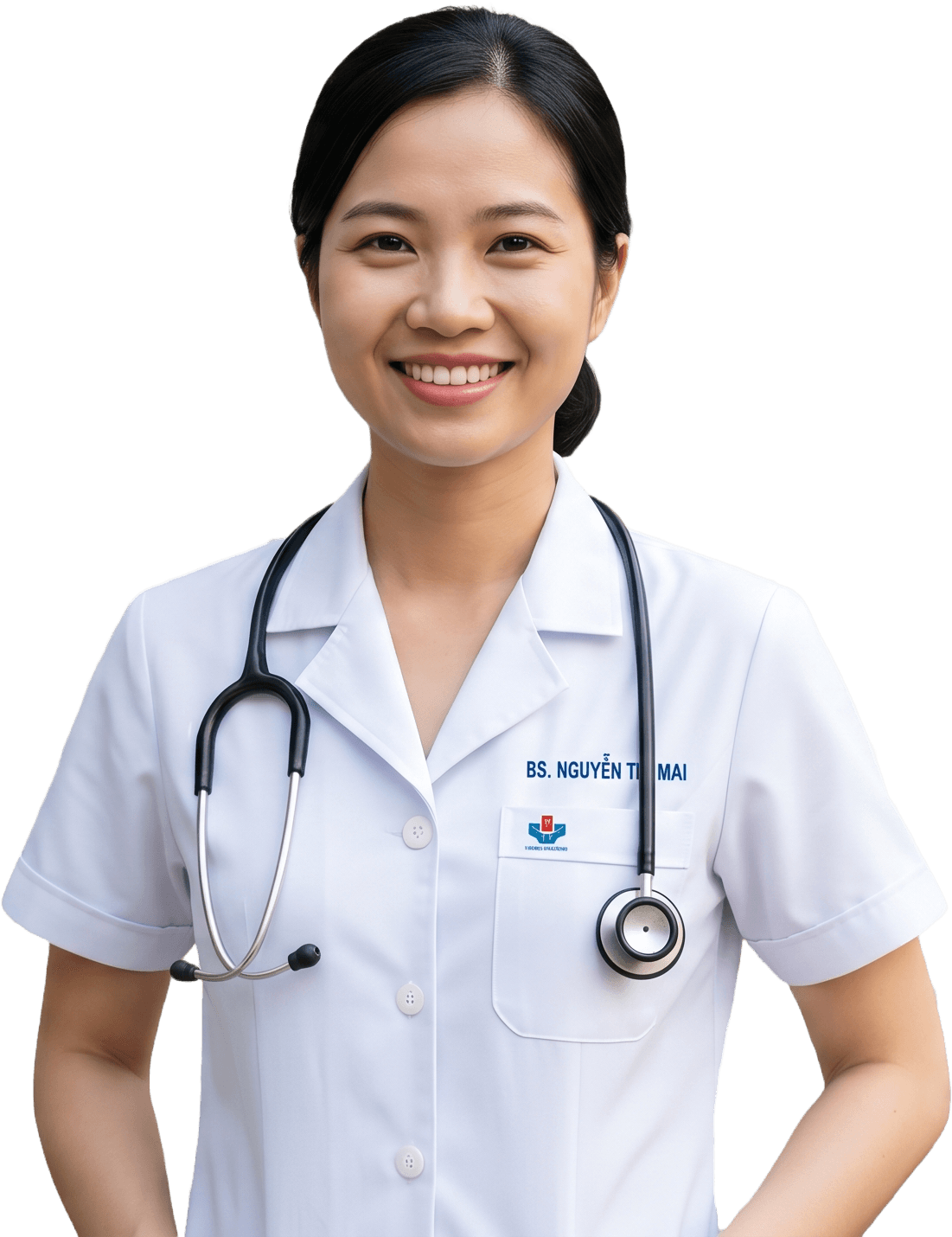 A smiling Vietnamese doctor in a white coat with a stethoscope